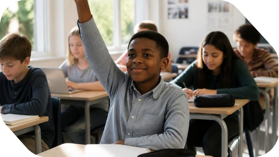 Students in class, reading on books and devices, one young person is looking up at the teacher, confident and ready to answer a question (AI generated)